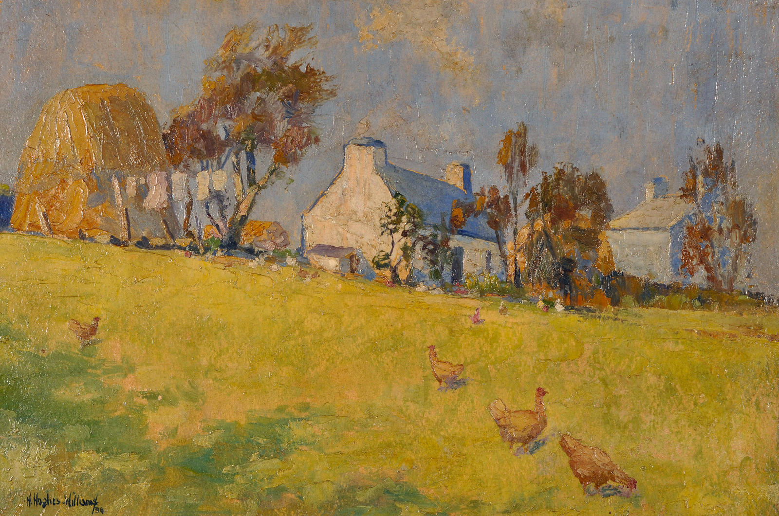Painting of a group of cottages in farmland with poultry in the foreground