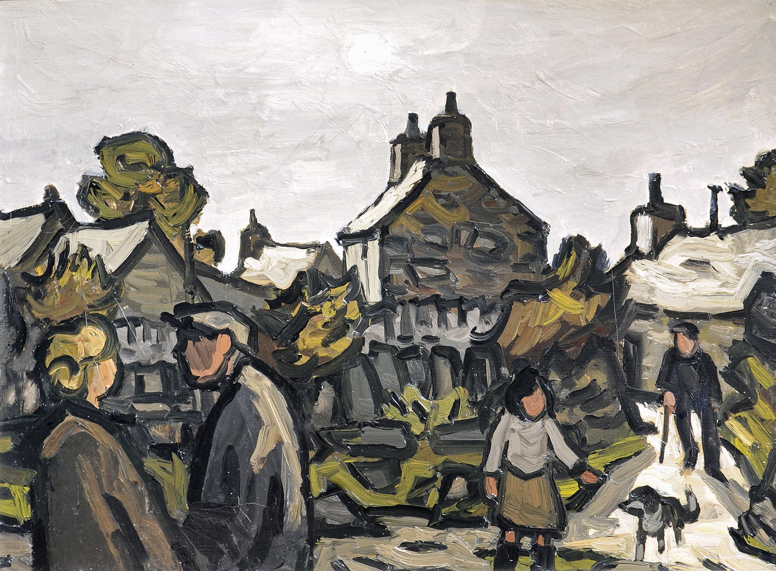 Oil painting of a people in a rural village with bold palette knife strokes