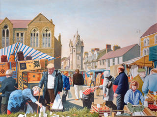 Illustration of people exploring Llangefni's market
