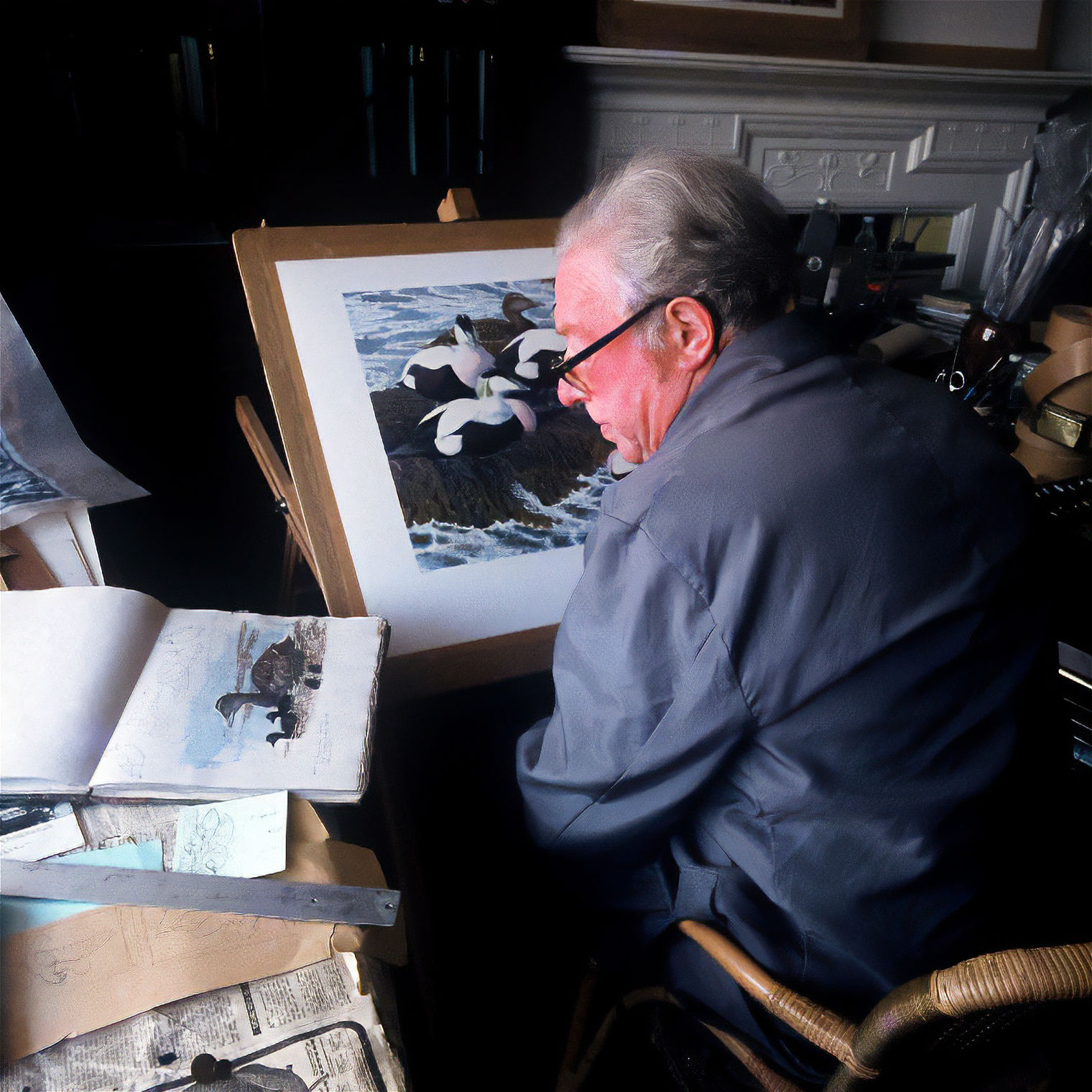 Charles Tunnicliffe looking at artworks in his studio