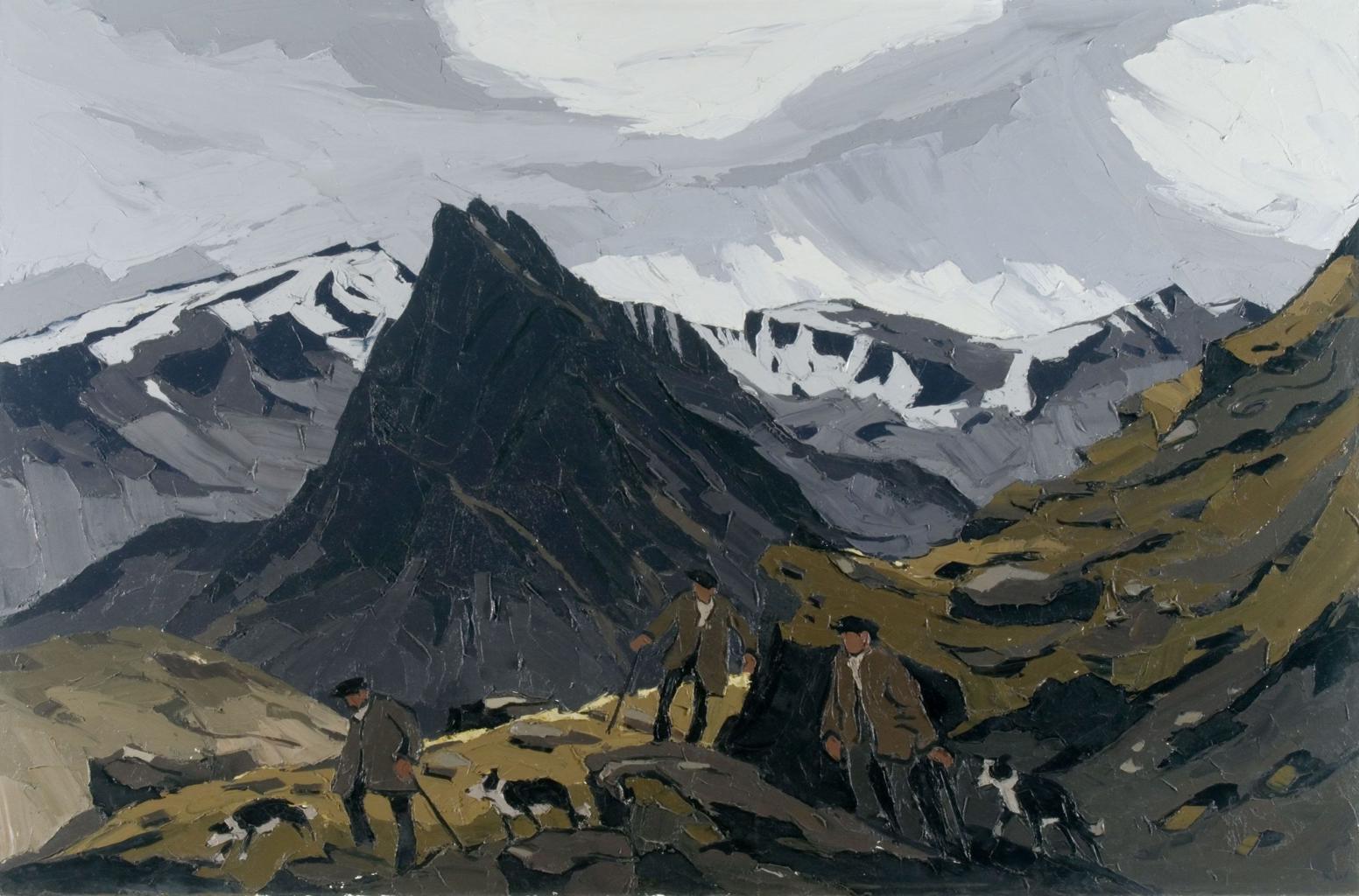 A grey and drab green mountainous landscape with three shepherds