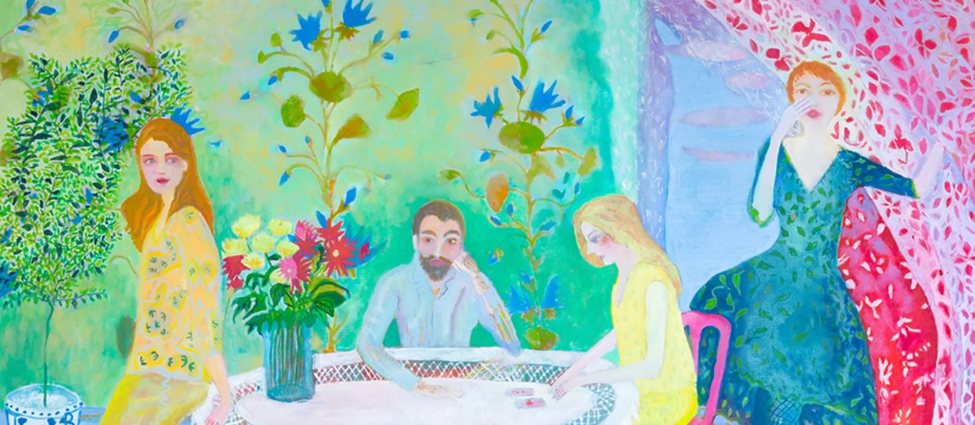 A painting of four people sitting around a table.