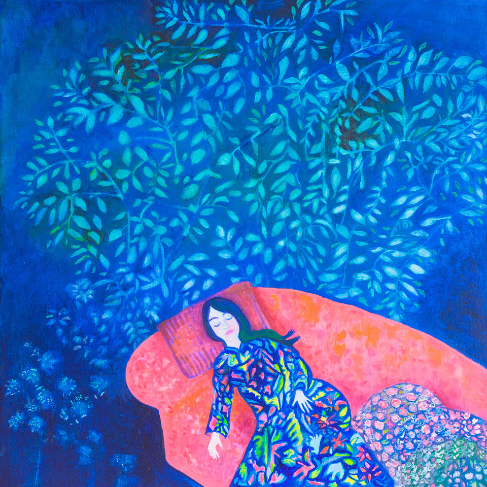 A painting of a woman asleep on a bed with a leafy blue background.